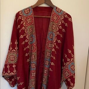 Red Embroidered Kimono Jacket, open Abaya. Jordanian tatreez